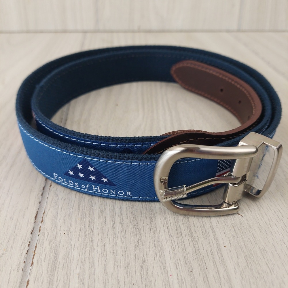 Folds of Honor Canvas Belt Mens Blue Patriotic American Flag Leather Tip Golf